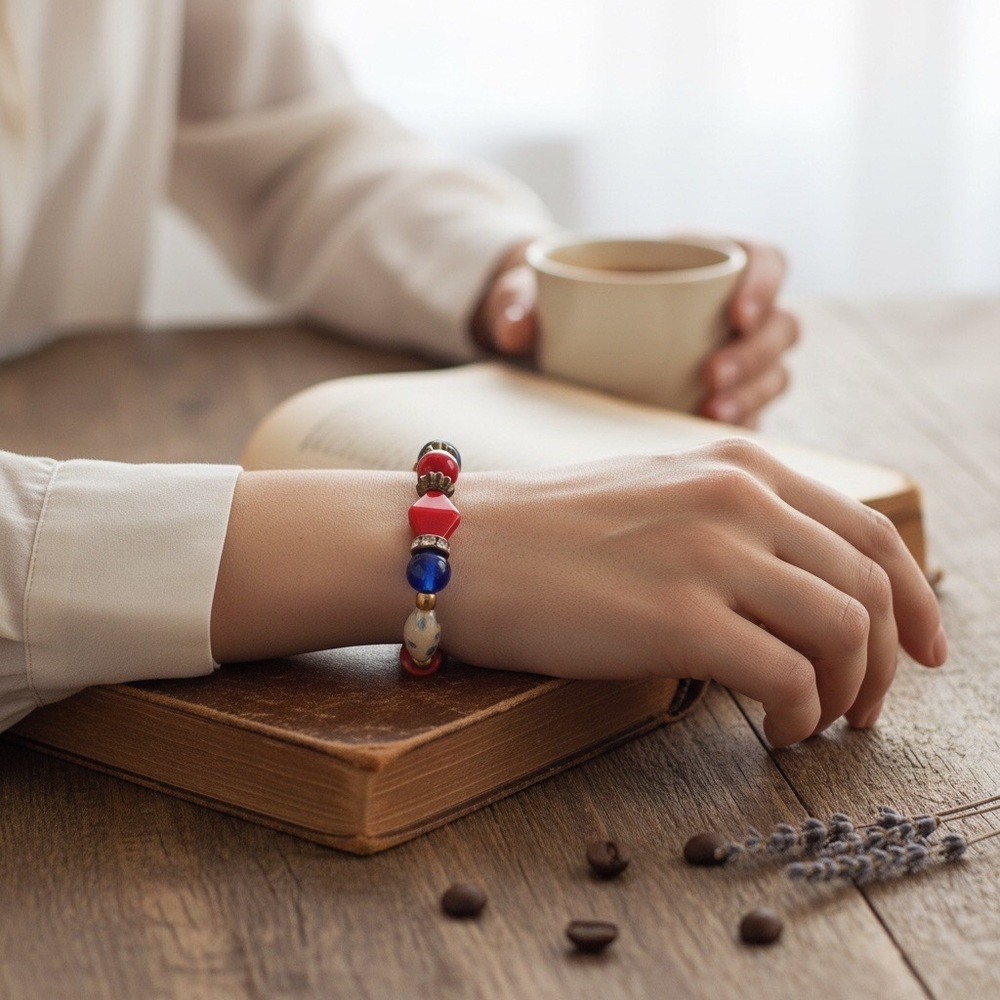 Handmade Red Glass & Blue Antique Copper Tone Beaded Bracelet